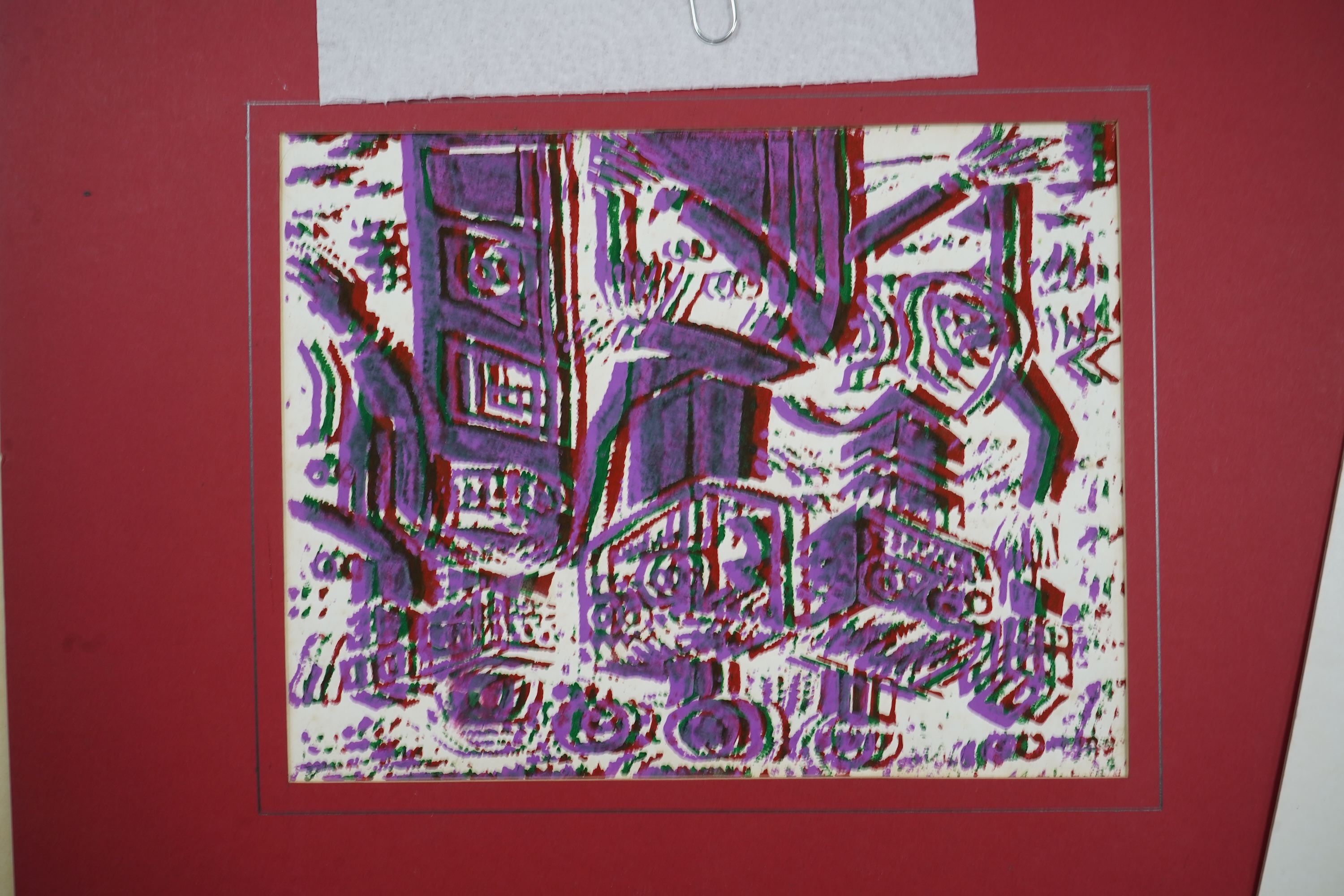 Andrew Chrysafi (b.1938), Abstract compositions to include ‘Burning Giraffe’, a collection linocuts, most signed, mounted, unframed, largest 31 x 32cm
